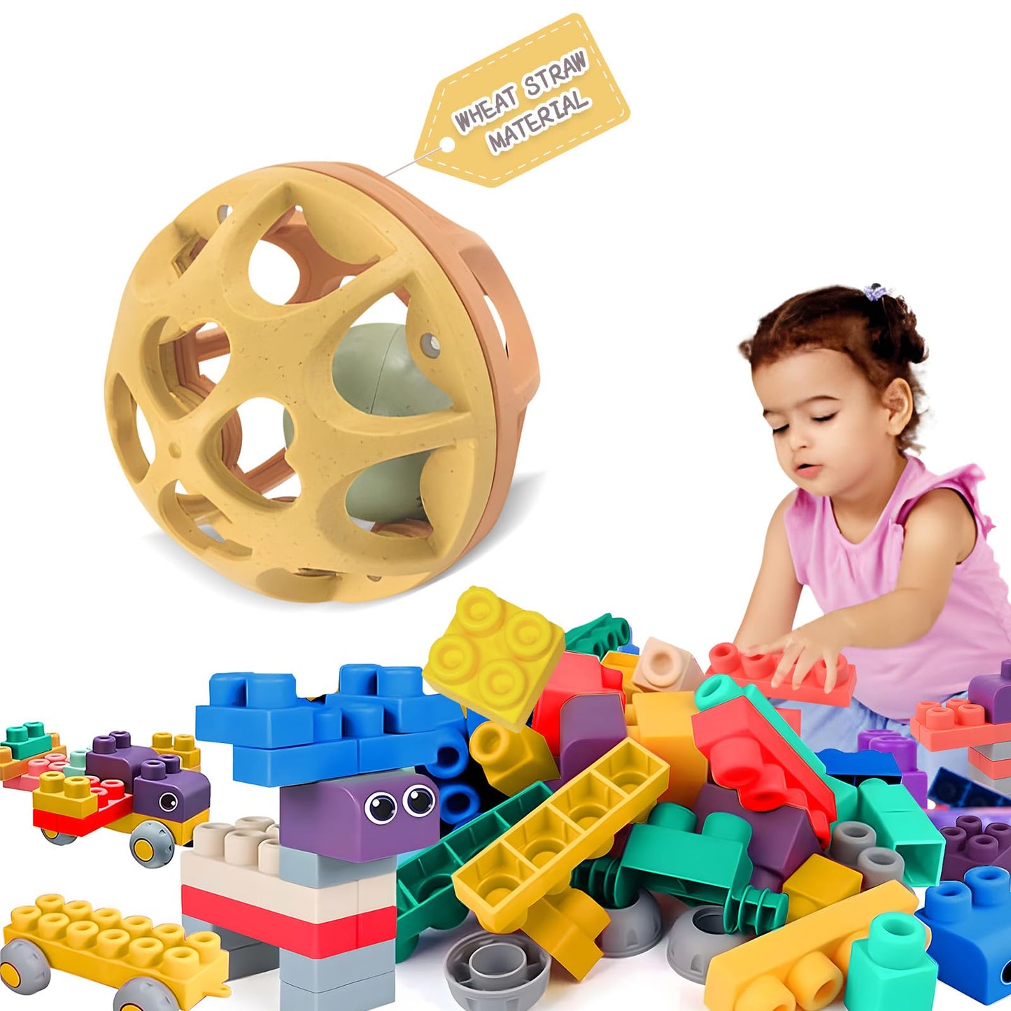 Baby Soft Blocks Set, Big Building Block Toys, Soft Rubber Blocks for Babies 6 Months and Sensory Rattle Balls Textured, Baby Teething Sensory Montessori Toys Soft Chew Toy with Rattles