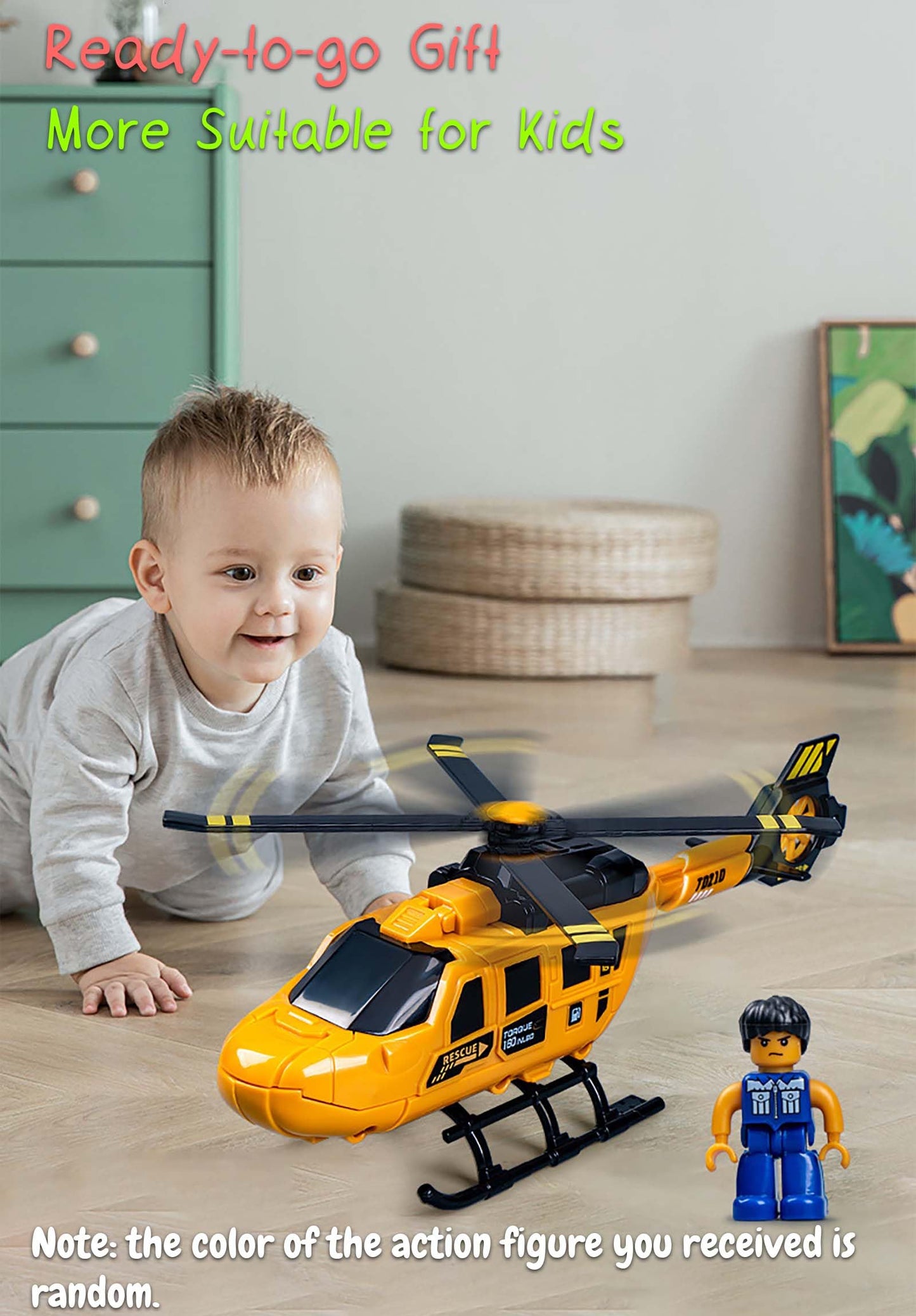 Rinnland Rescue Helicotper Toy for Kids with Wind-up Propellers, 1 DIY Pilot Figure Included – Cockpit Door Can Open