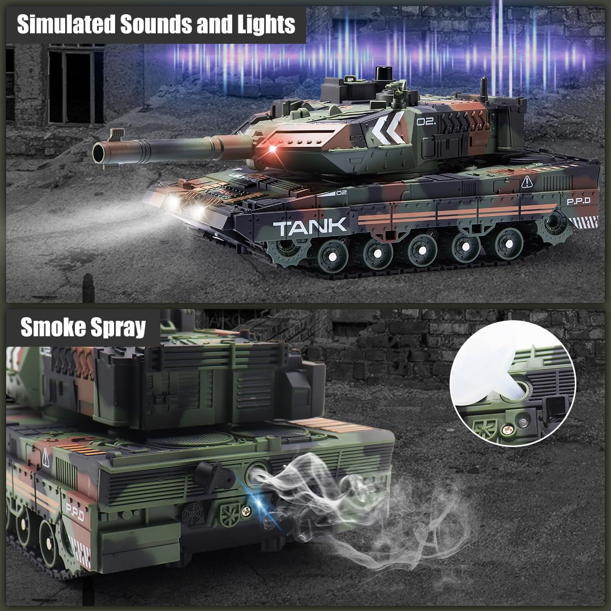 Hitish RC Tank that Shoots for Kids - 2.4Ghz Remote Control Army Tank Toys with Auto Demo Sound Light Smoke - 13 Channel Military Vehicles Model Gift for Adults Boys Age 6-8 9-12, Army Green