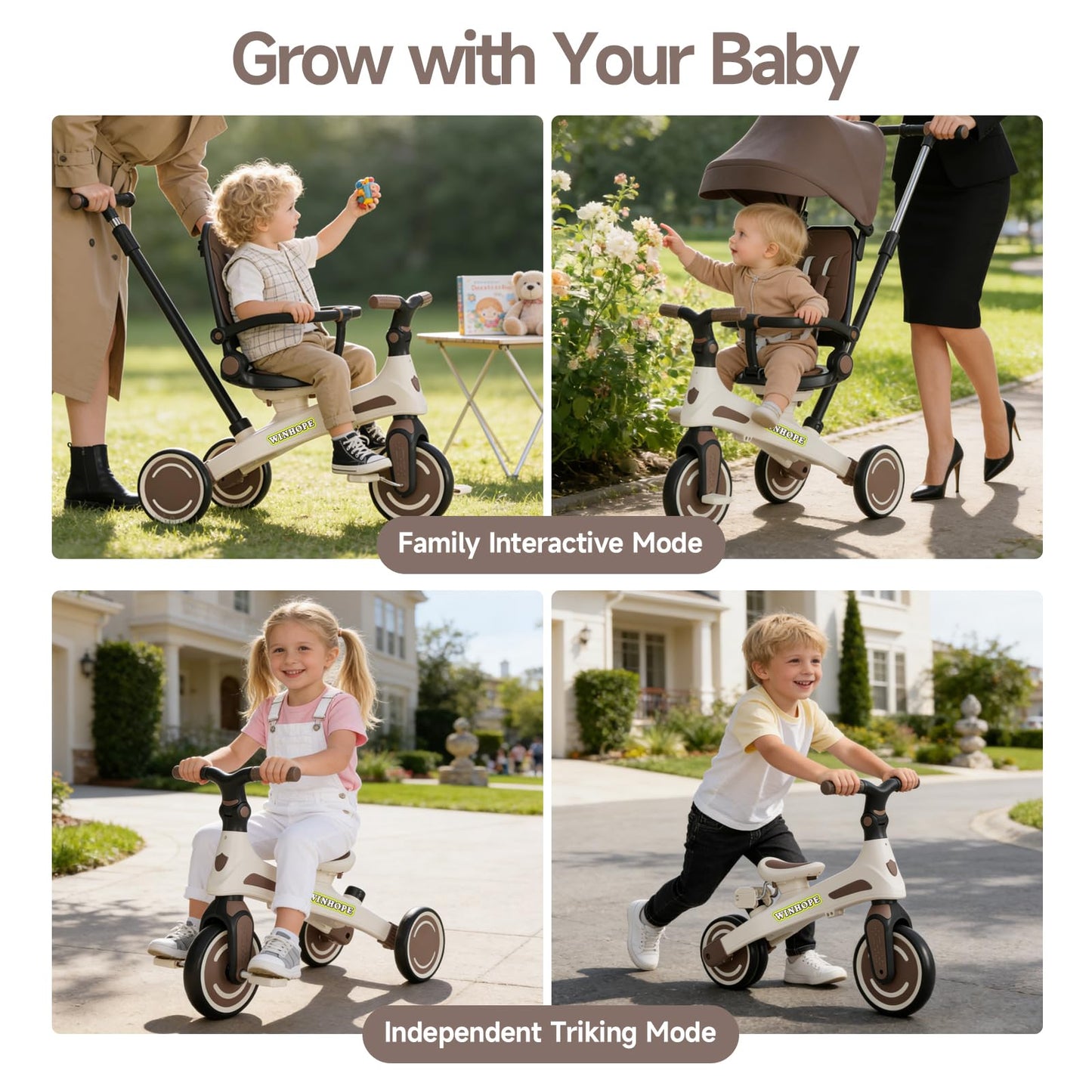 Winhope Kids Tricycle, 6 in 1 Baby's Tricycle Toddler Trike with Adjustable Push Handle, Reversible Seat and Canopy, Baby Stroller for 1-6 Year Olds, Suitable for Outdoor Activities(Coffee)