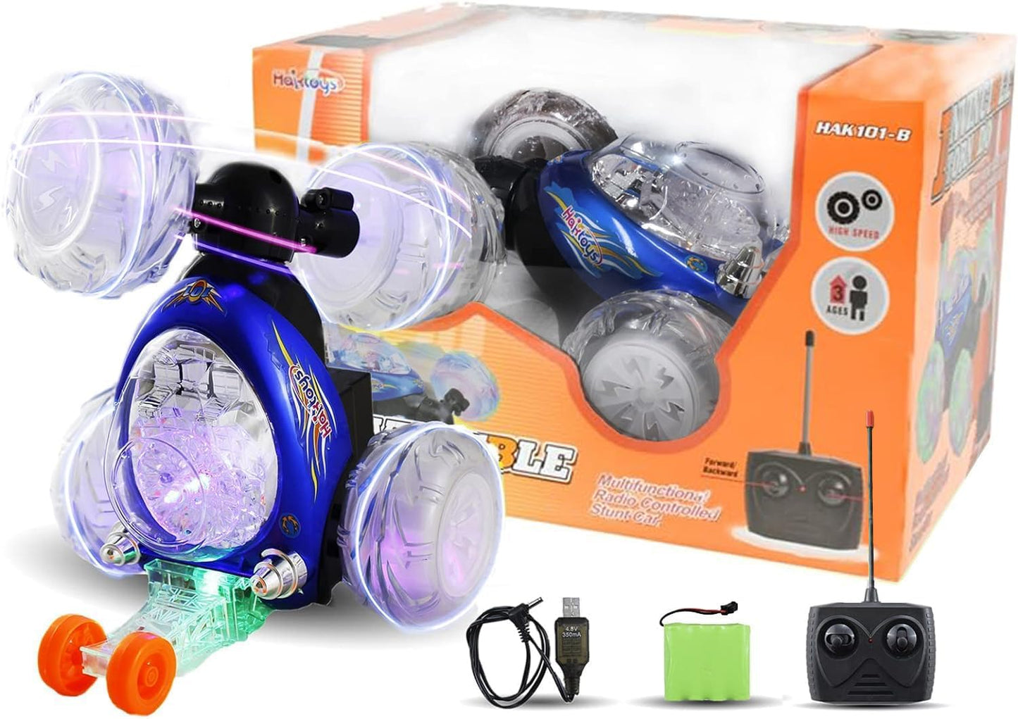 Haktoys Rechargeable RC Tornado Stunt Car – 360° Flip Remote Control Turbo Twister Vehicle with Lights & Music | Double-Sided Spinning Car Toy for Toddlers Kids Boys Girls (Blue)