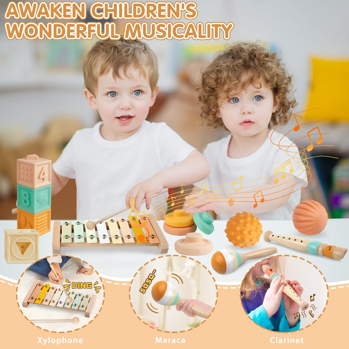Wuzhineisn Baby Toys 6-12 Months Montessori Toys 6 in 1 Musical Instruments for Toddler, Stacking Blocks Development Learning Educational Toy with Wooden Xylophone Infant Baby Birthday Easter Gift