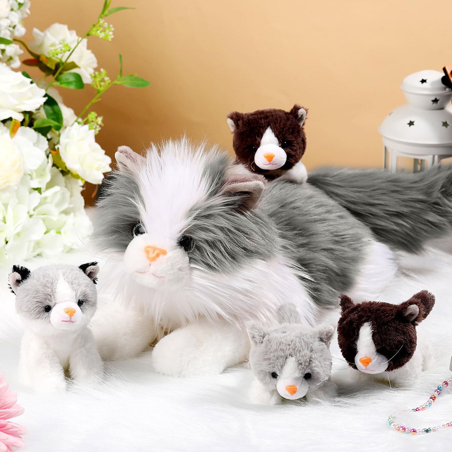 HyDren 5 Pcs Realistic Ragdoll Cat Stuffed Animal, 17.75 Inches Large Ragdoll Cat Mommy Plush with 4 Cute Babies Soft Plush Kittens Set for Girls Boys Birthday Party Favors(Grey)