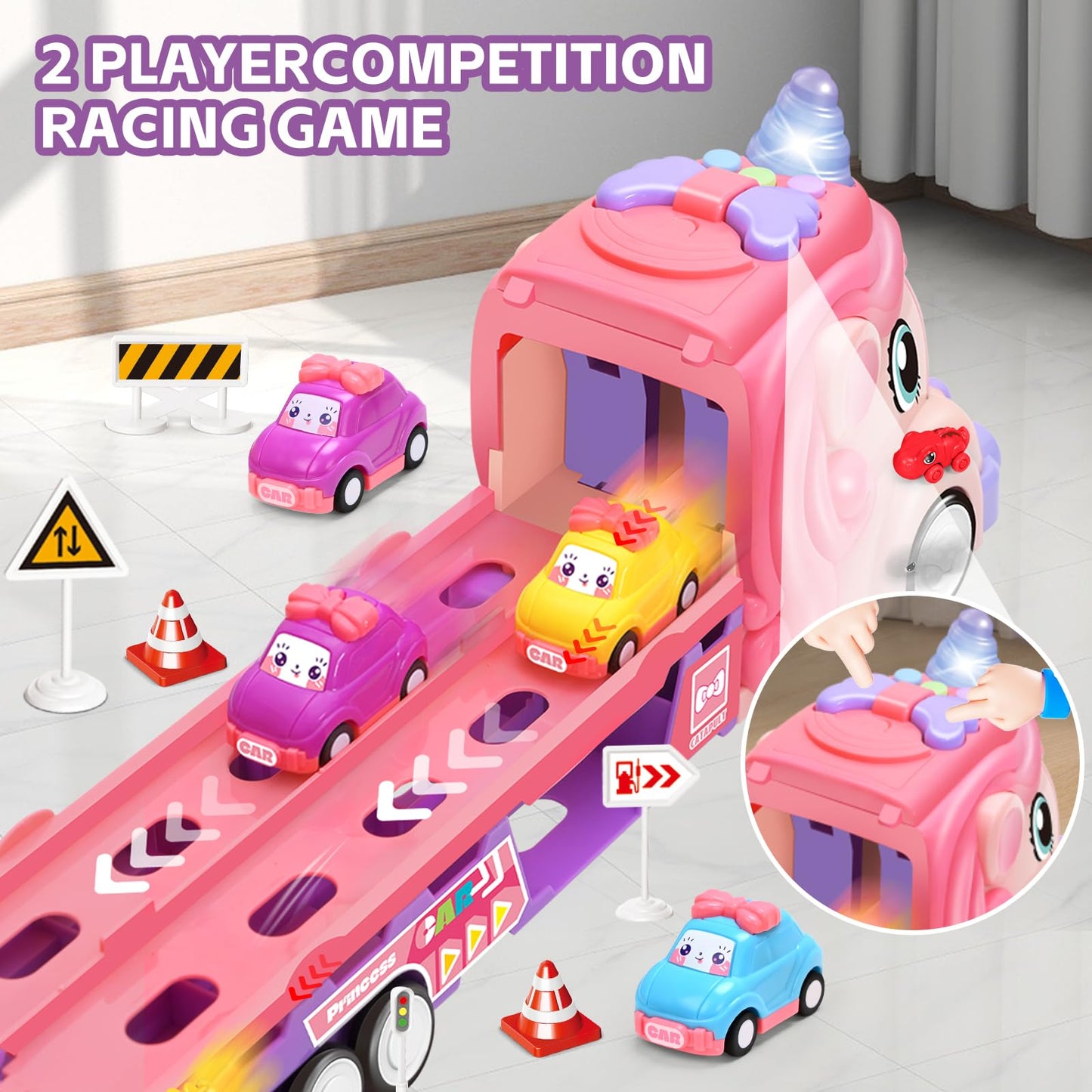 Unicorn Car Toys for Age 3 4 5 6 Year Old Toddler Girl, Foldable Track & 2 Player Race Mode Game, Light & Sound Push Transport Carrier Truck W/ 9 Princess Toy Cars, Birthday Gift for Girls Age 4-6
