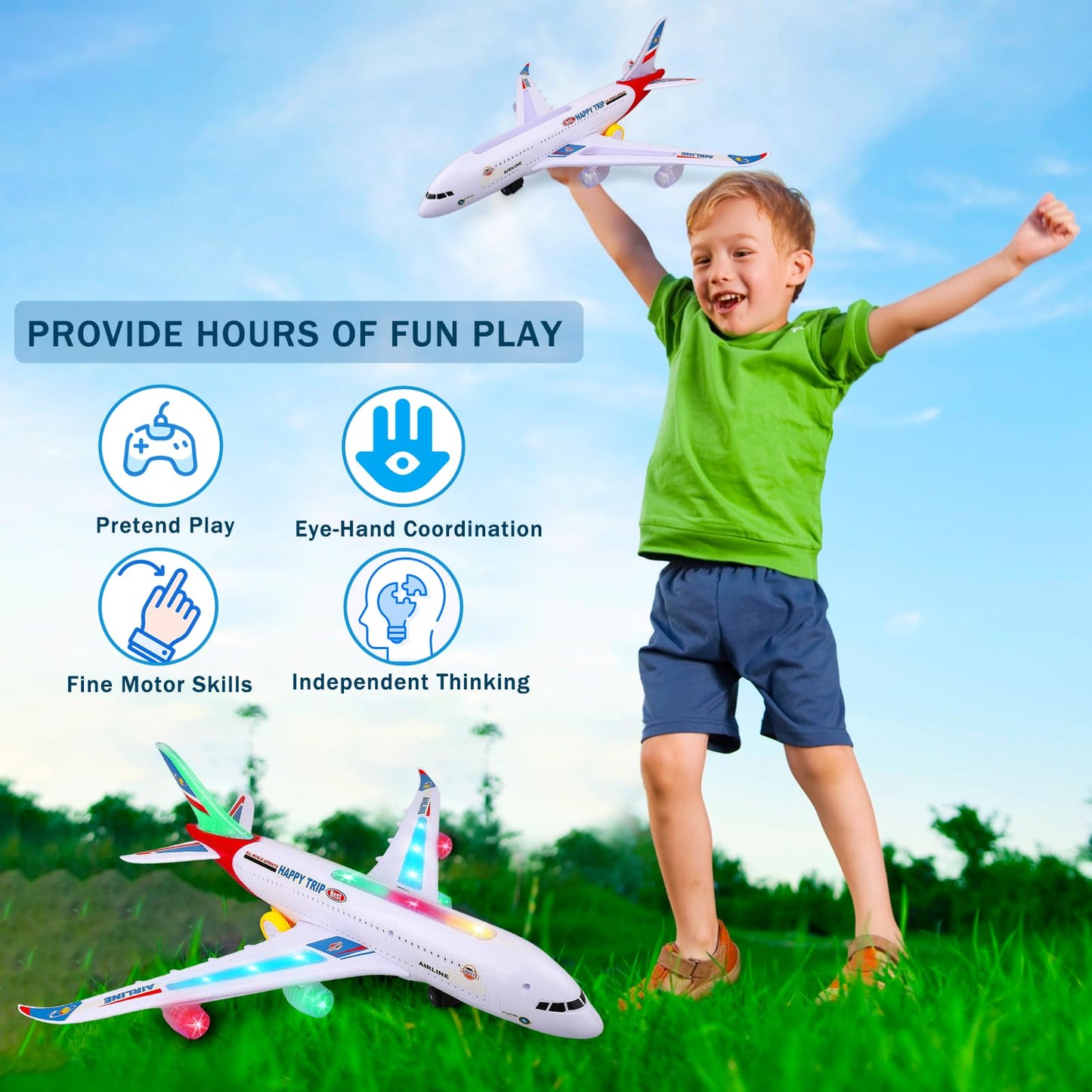 VYKOBLO Airplane Toy with Bump and Go, Kids Airplane Toys Flashing Lights and Sound, Realistic Model Plane for Boys and Girls Ages 3-12, Birthday Gifts (Red)