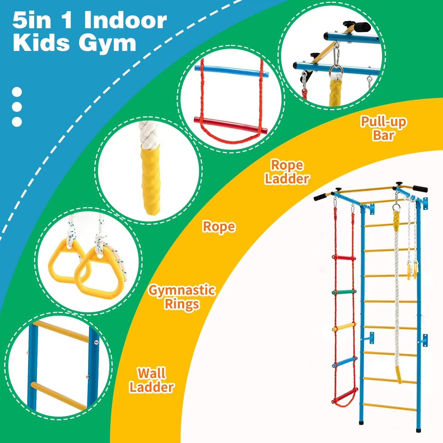 TONGMO Indoor Climbing Playground, Jungle Gym for Kids, Metal Swedish Ladder & Climbing Wall Playset, Sturdy Playground with Rope Ladder, Pull-up Bar, and Gymnastic Rings