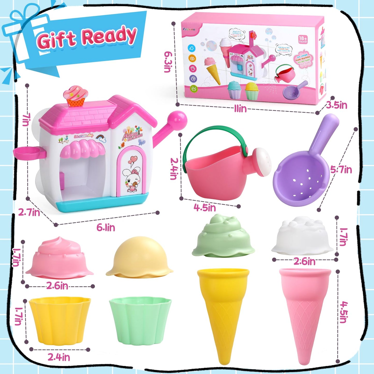 Bath Toys for Kids Ages 4-8 3-5 Toddler Bath Toys Bathtub Ice Cream Foam Maker Bubble Pretend Cake Play Set Water Toys Birthday Gifts for 2-4 5 6 Year Old Girls Boys