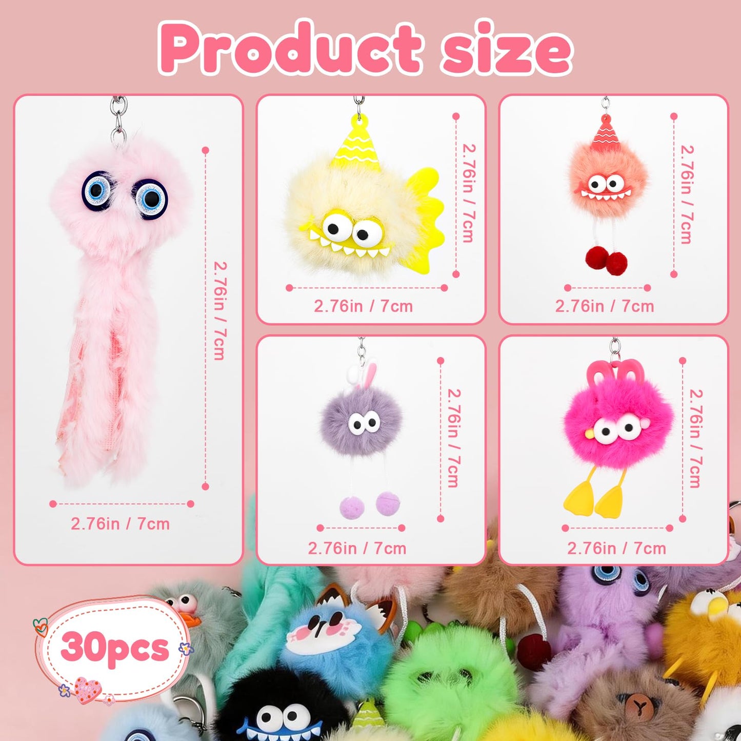 EEOYU 30 Pack Kawaii Plush Keychains Bulk, Cute Stuffed Animal Keychains for Birthday Party Favors, Goodie Bag Fillers, Carnival Prizes