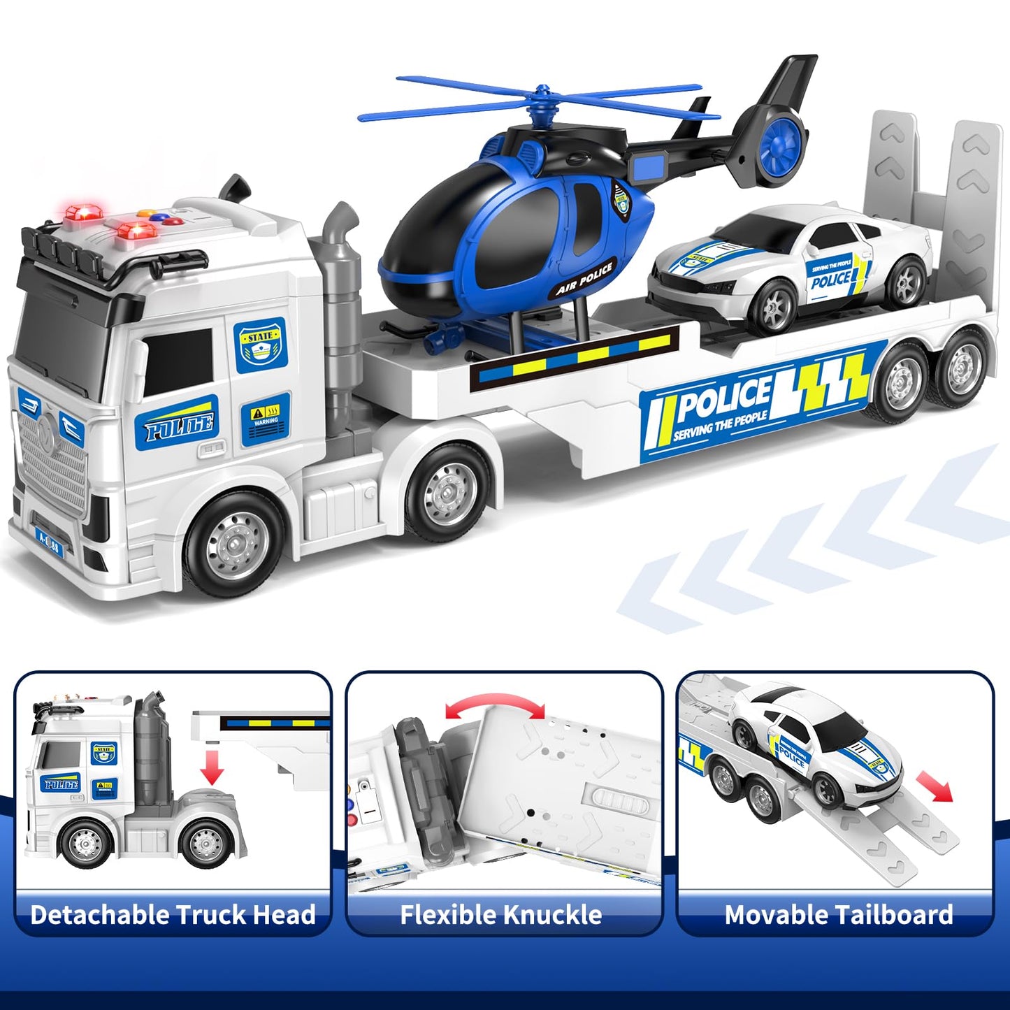 DWIRCTOYS Kids Toys for Ages 3 4 5 6 7 8 Years Old Boys, 25" Large Police Semi Truck with Helicopter & Race Car, Friction Powered Vehicle with Lights & Sounds,Birthday Gift for Boys Girls