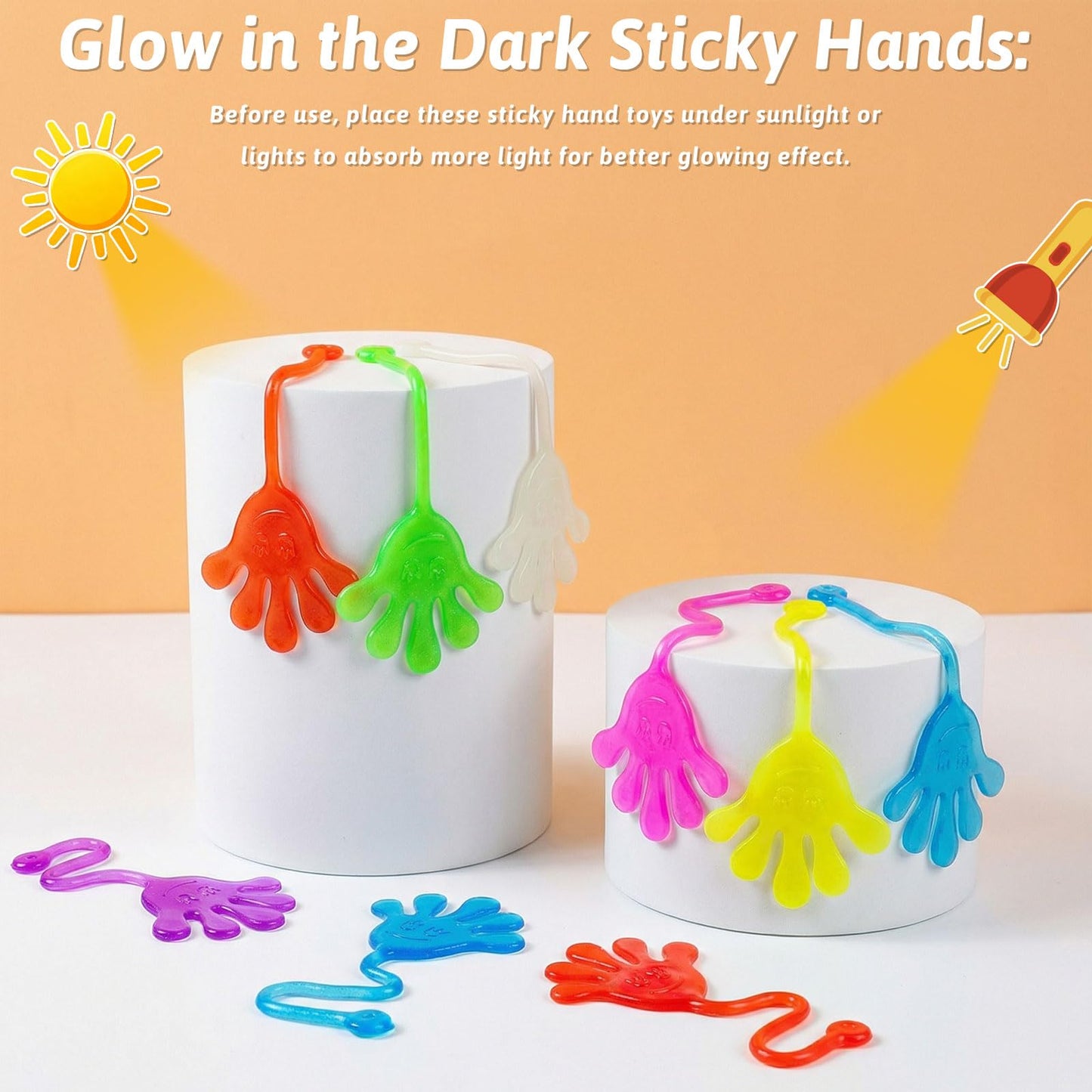 50 PCS Glow Sticky Hands Kindergarten Graduation Gifts Party Favor for Kids Holiday Traditions Goodie Bags Stuffers Glow Sticky Hands Toys End of Year Student Gifts Classroom Prizes Treasure Box