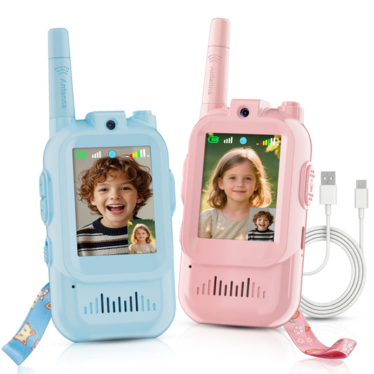 Walkie Talkie for Kids with Video: 2 Pack Rechargeable Toddler Toys with HD Camera & Voice Changer, Long Range Gift Toys for Boy & Girl Age 3-8 for Outdoor Play, Camping (Pink-Blue)