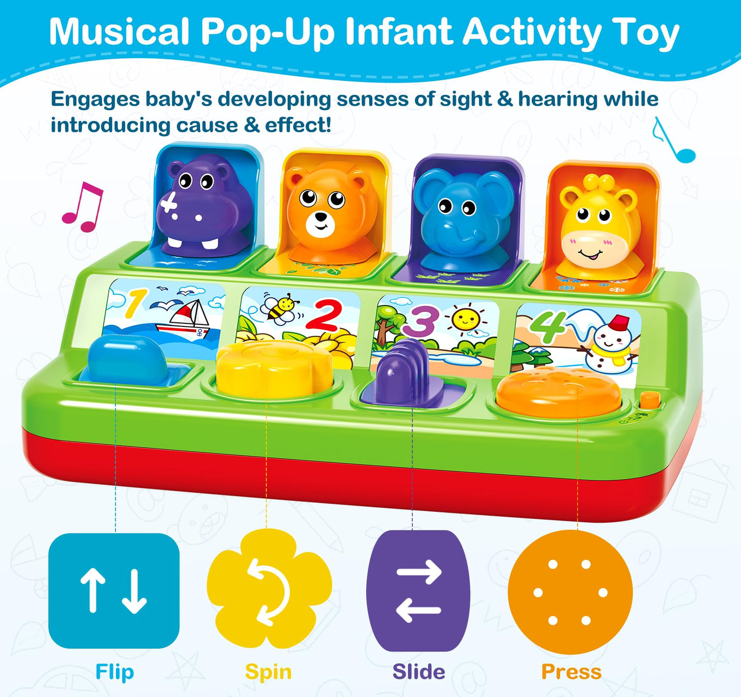 Ellinjan Musical Pop-Up Cause and Effect Toys with Light & Music for 1-3 Year Olds, Baby Interactive Toy with Animal Sounds, Ideal Gifts for Babies Boys Girls