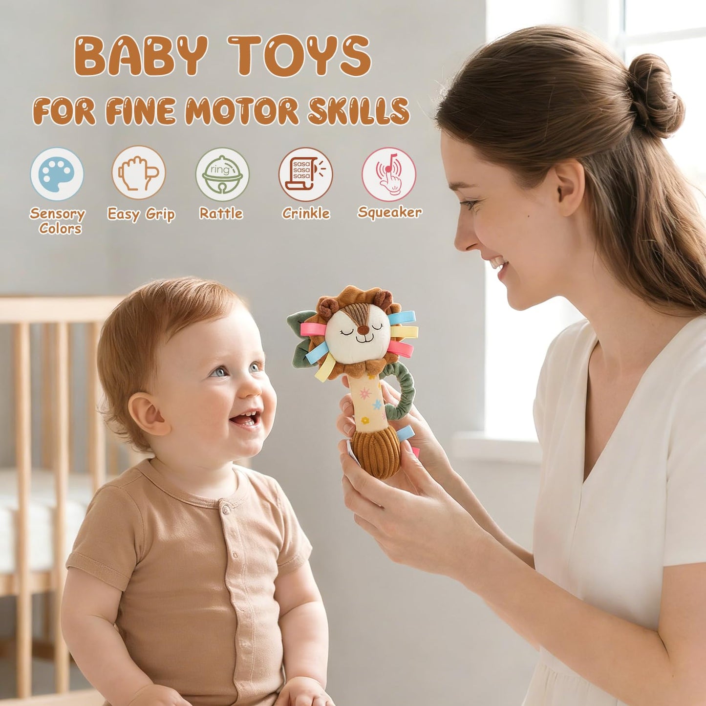 TYRY.HU Baby Rattles Toy, Plush Lion Rattle, Stuffed Animal Hand Rattles,Infant Grab Shake Rattle, Crinkle & Squeaker,Soft Sensory Toy with Sound for Babies 0-6 6-12 Months, Lion