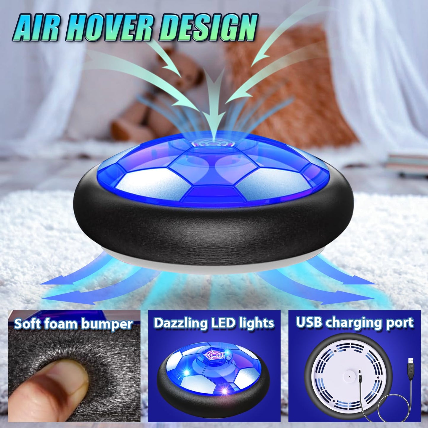 2 Pack Hover Soccer Ball Set with 2 Goals - Rechargeable LED Air Power Football, Indoor/Outdoor Floating Hover Ball Toy, USB Charging Soccer Gifts for Boys & Girls Ages 3-12, Birthday/Holiday Presents