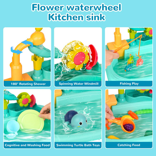 Mini Water Table for Toddler 1-3, Kids Play Sink with Running Water, Outdoor Toys for Kids Ages 4-8 with 360° Electric Faucet, Floating Fishing Game, Sensory Activity Kitchen Toy for Boys Girls