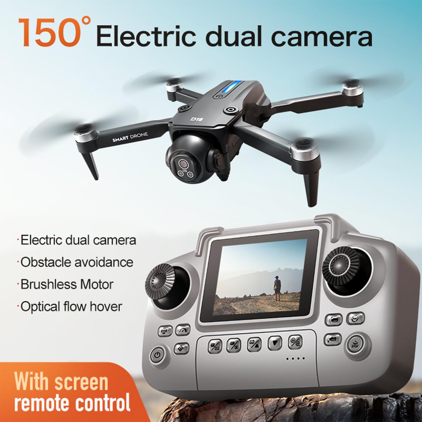 QQCHGOL Drone with Dual 2K HD Camera for Adults&Beginner, WiFi FPV Drone,LCD Screen RC,Gesture Selfie&Waypoint Flight,150 Tilt Camera,One-Key Takeoff/Landing,45Min Flight,2 Batteries,Gift for Men
