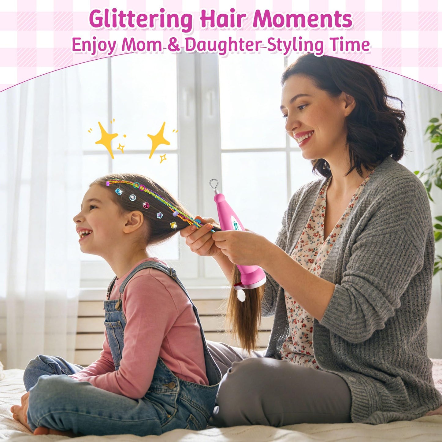 DIY Hair Salon Toys for Girls, Hair Gem Stamper Kit And Hair Rope Braider, Bling Hair Jewels Styling Tool with Glitter Diamonds Comb Beads Accessories Christmas Birthday Gifts for Girl 3 4 5 6 7 8-12