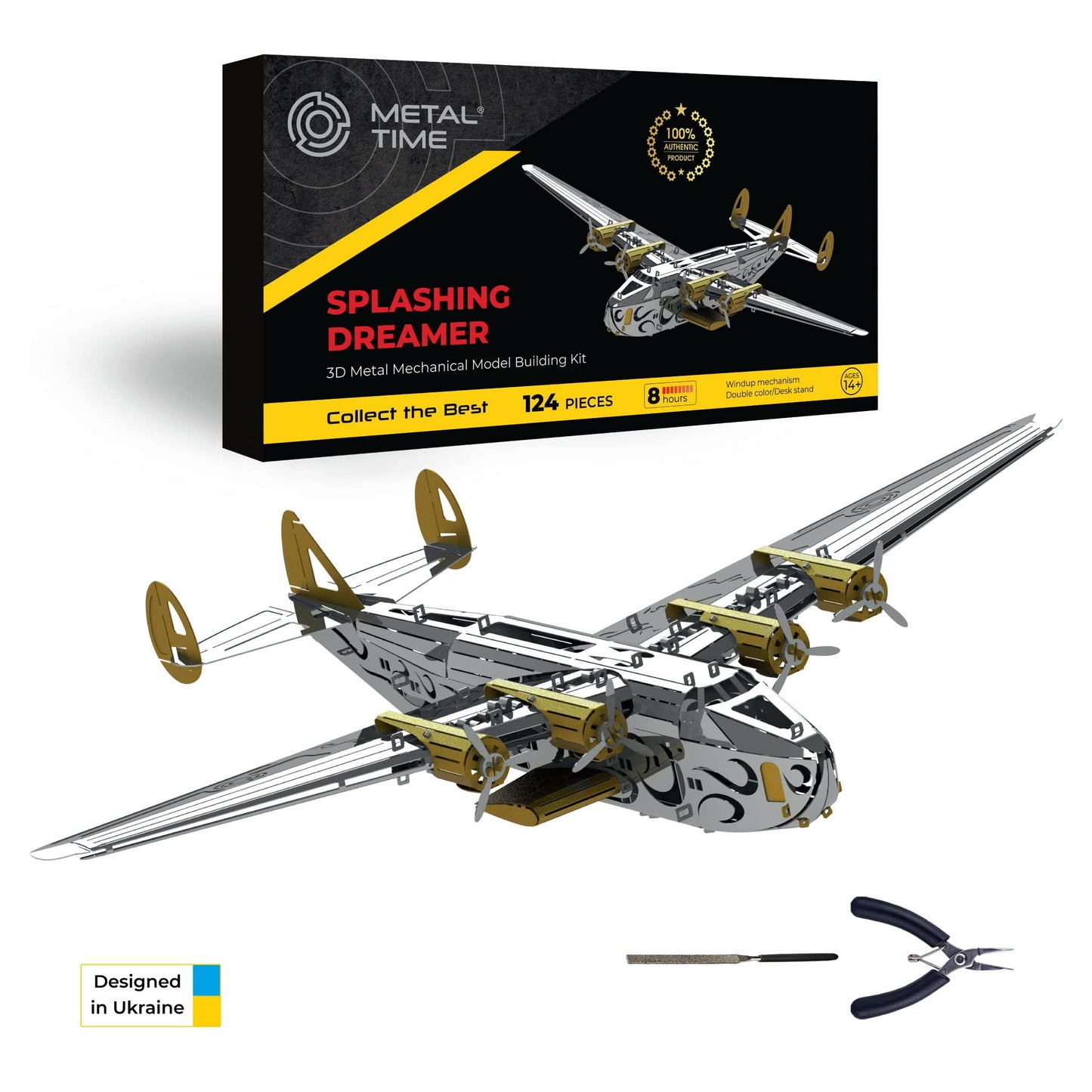 METAL-TIME SPLASHING DREAMER, 3D Metal Airplane Model Mechanical Building Kit, Unique Wind-Up Moving Mechanism, Stainless Steel DIY Construction with Toolbox - 124 Pieces.
