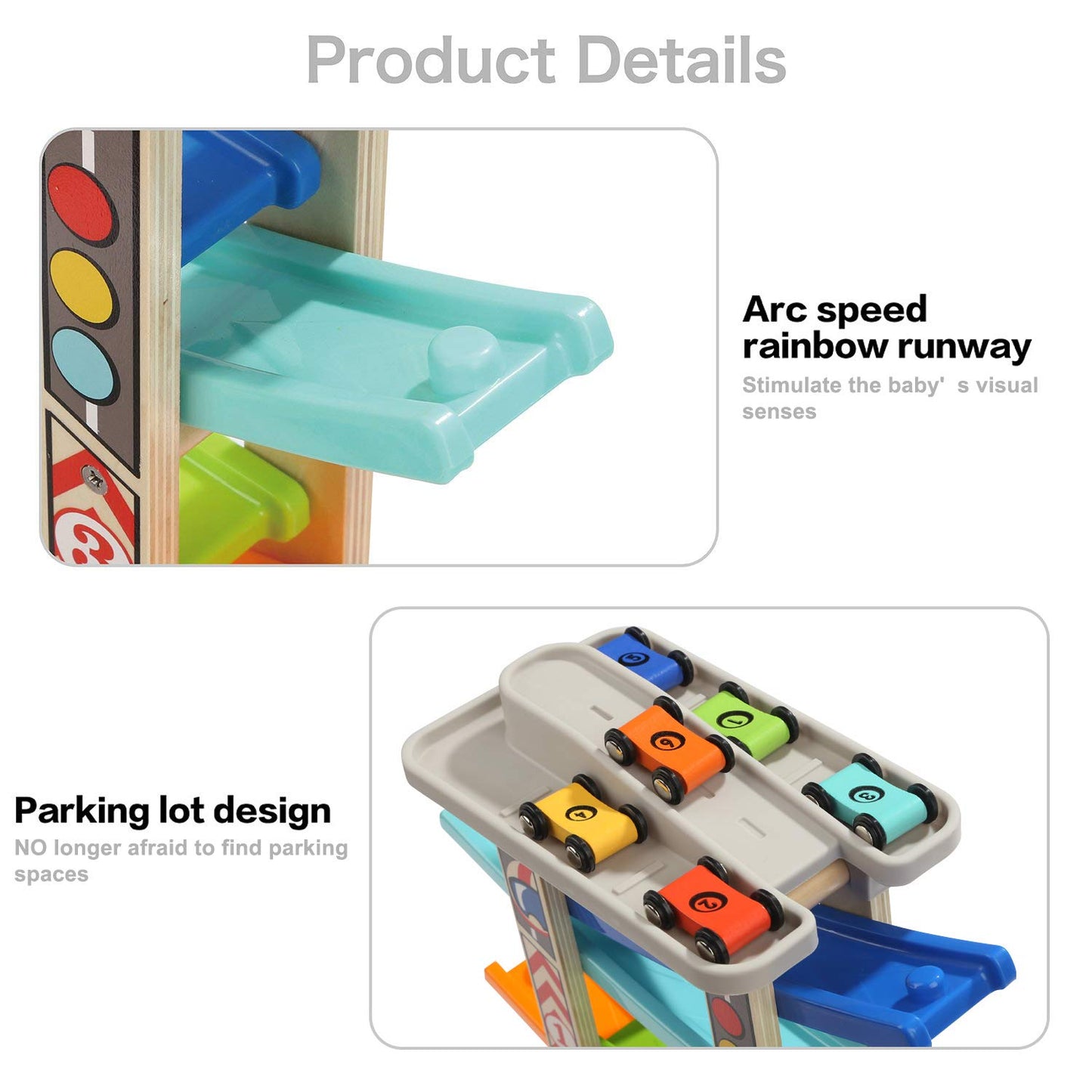 TOP BRIGHT Wooden Car Ramp Race Track Toy for Toddlers 1-4 Years, Montessori Educational Learning Toy for 2 Year Old Boys Girls Gifts with 6 Mini Cars