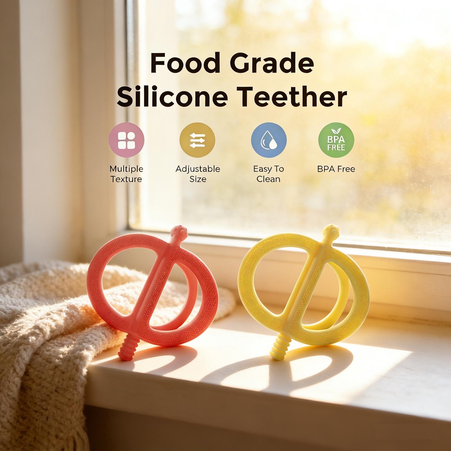 Baby Teething Toys Easy to Hold - 100% Food Grade Silicone Teething Ring for Babies 0-18 Months - BPA Free Teething Pain Relief for Infants 3-6-12 Months,Yellow&Pink