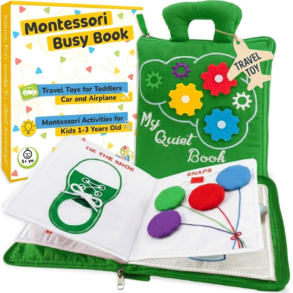 deMoca Plane Toys for Toddlers 1-3, Long Flight Must Haves, Quiet Busy Book for 1 Year Old, Travel Toys for Toddlers on Airplane, No Noise Activity Book, All Parts Attached, Gift for Girls & Boys