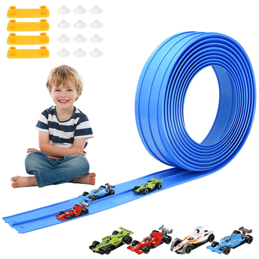 Flex Race Car Track 15 Ft for Kids 14+ Toys, with 4 Small Racecars, Suitable for Hot Wheels and Diecast 1/64th Cars, Rolls Up Race Tracks with Strong Suction Cups