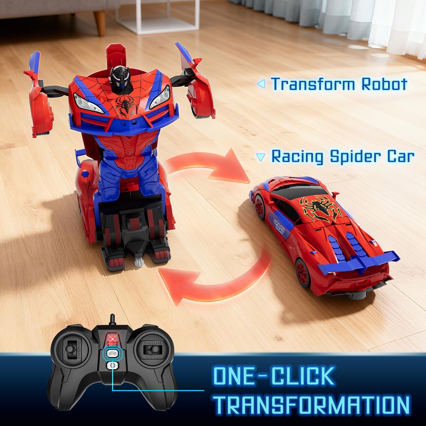 Qumcou Spider Toys for Boys 4-6, Remote Control Car, One-Button Transform Superhero Toys, 2.4Ghz RC Cars, 360° Spin,1:16 Scale, Shinning Red and Blue Light, Birthday Gifts for Boys, Boy Toys Age 6-8