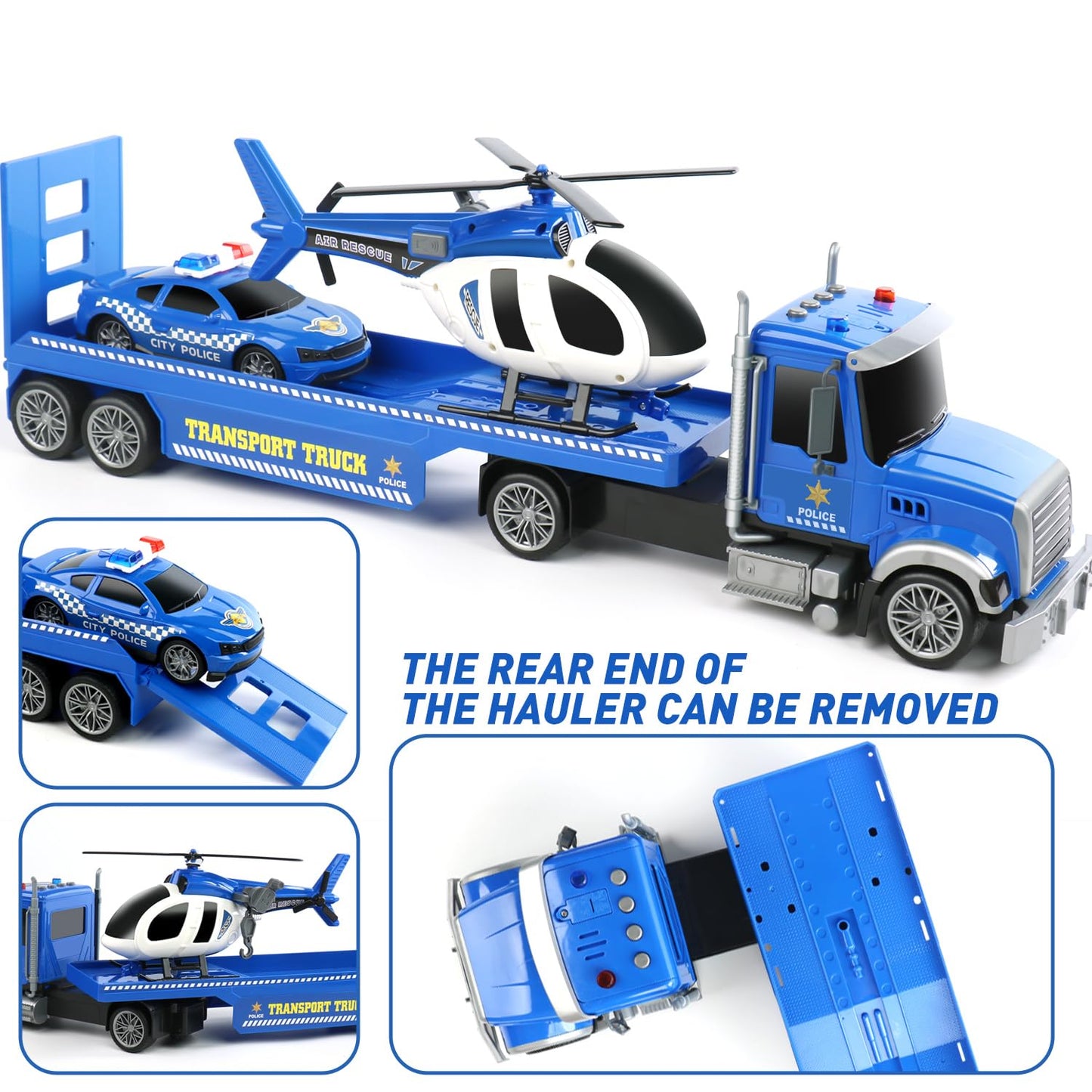 Dwi Dowellin 27" Large Friction Powered Police Truck Toy with Car and Helicopter,Semi Truck Toys for 3 4 5 6 Years Old Toddlers Kids Boys & Girls Gift