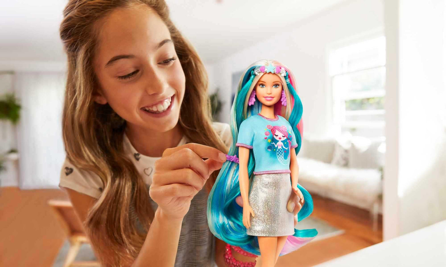 Barbie Fantasy Hair Doll, Blonde, with 2 Decorated Crowns, 2 Tops & Accessories for Mermaid and Unicorn Looks, Plus Hairstyling Pieces, for Kids 3 to 7 Years Old (Amazon Exclusive)