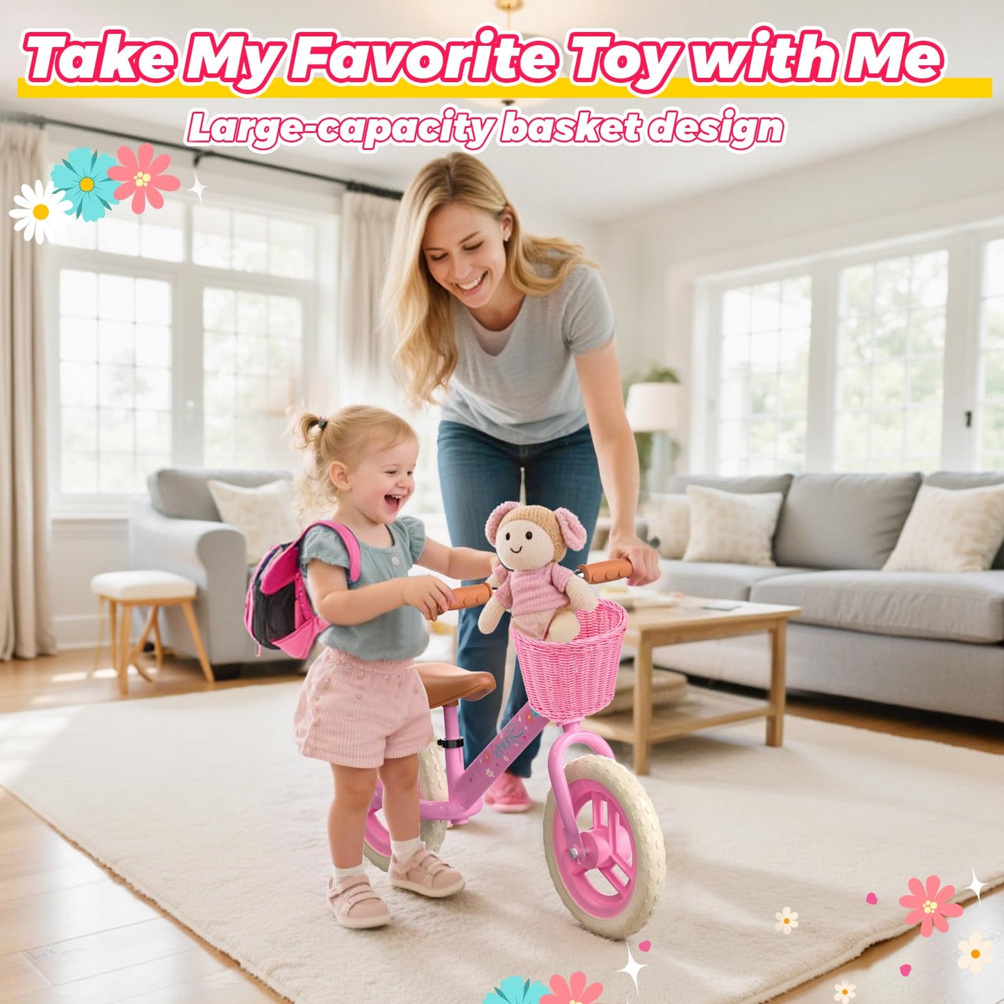 Adjustable Toddler Balance Bike for 2-5 Years Old,Kids Balance Bike with Basket,Kids Bicycle for 2 3 4 5 Years Old Girl Birthday Christmas Toy Gift,Soft Seat & Handlebar,Puncture-Proof LED Tire,Pink