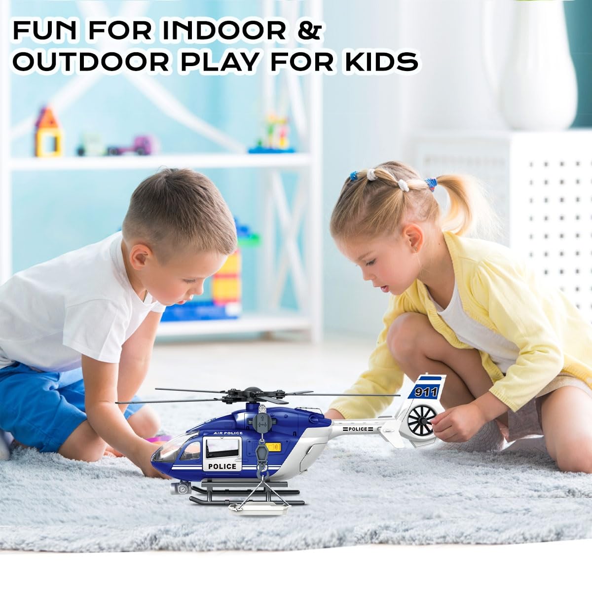 STOULKD Toys for 2 3 4 5 6 7 Year - Olds, 13" Blue - and - White Police Helicopter Toy - Interactive Lights, Siren Sounds & Openable Doors, Great Gift for Boys & Girls