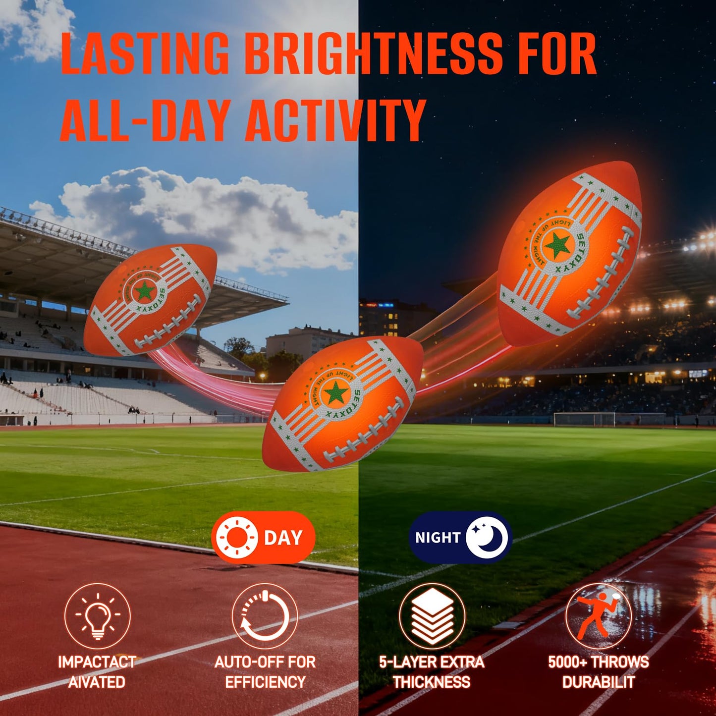 SETOXYX Glow in The Dark Football, Light Up Football for Night Outdoor Sports Games, Official Size 6, Gifts for Boys Teens, Birthday Gift Ideas Toys for Boys Ages 7 8 9 10 11 12 13 14 15