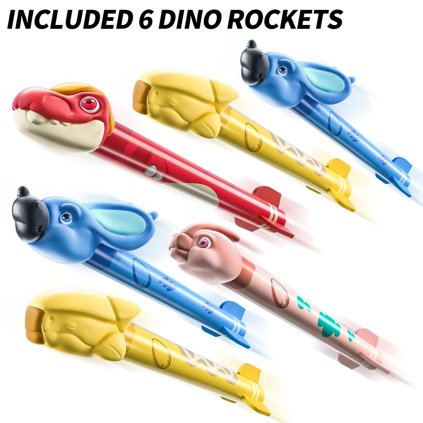 TEMI Dinosaur Rocket Launcher - 6 Dino Rockets, Launch up to 100 ft, Fun Outdoor or Indoor Kids Toy for Boys & Girls Age 3-7, Dinosaur Toy, Birthday Gift for Kids Age 4-8