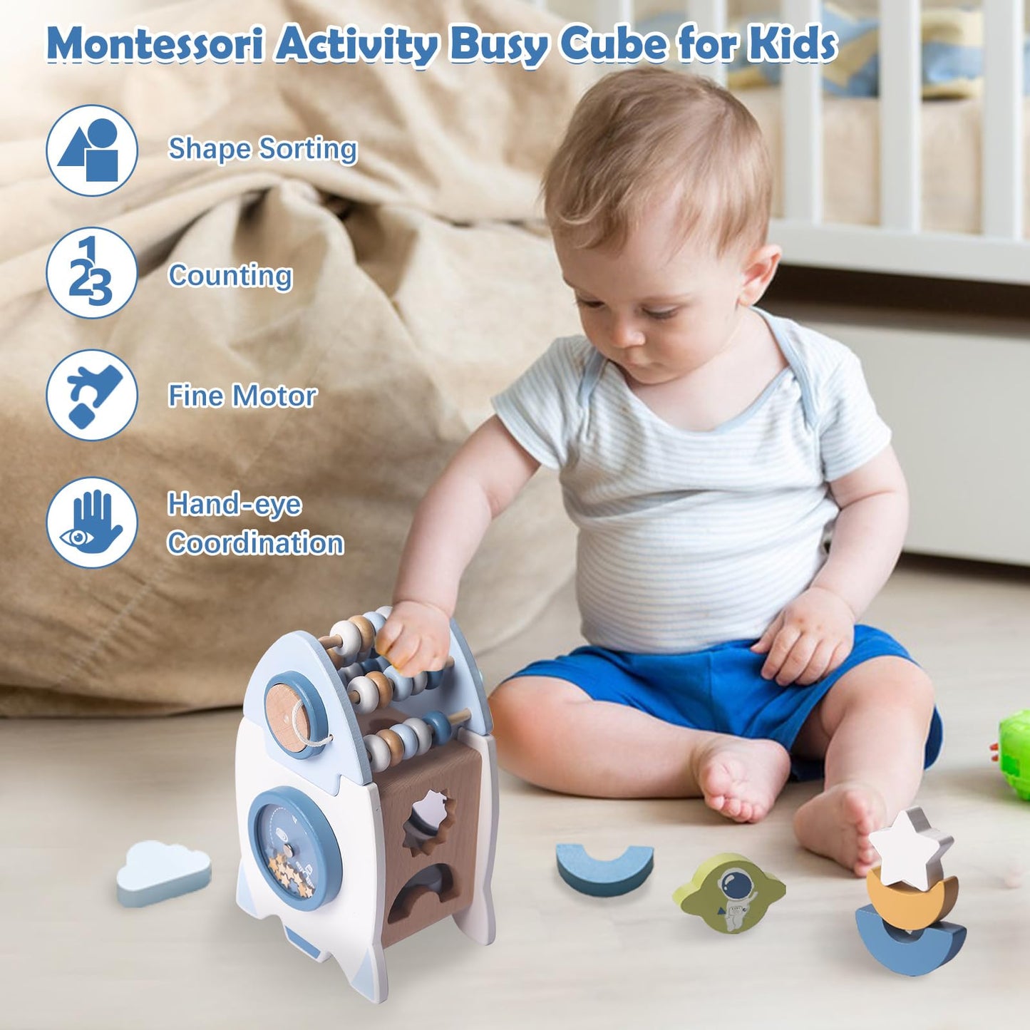 Smartwo Wooden Space Toy for Baby, Montessori Toys for Babies, Toddler Rocket Toy, Sensory Activity Cube Learning Game, 1st Birthday Gift for Boys and Girls