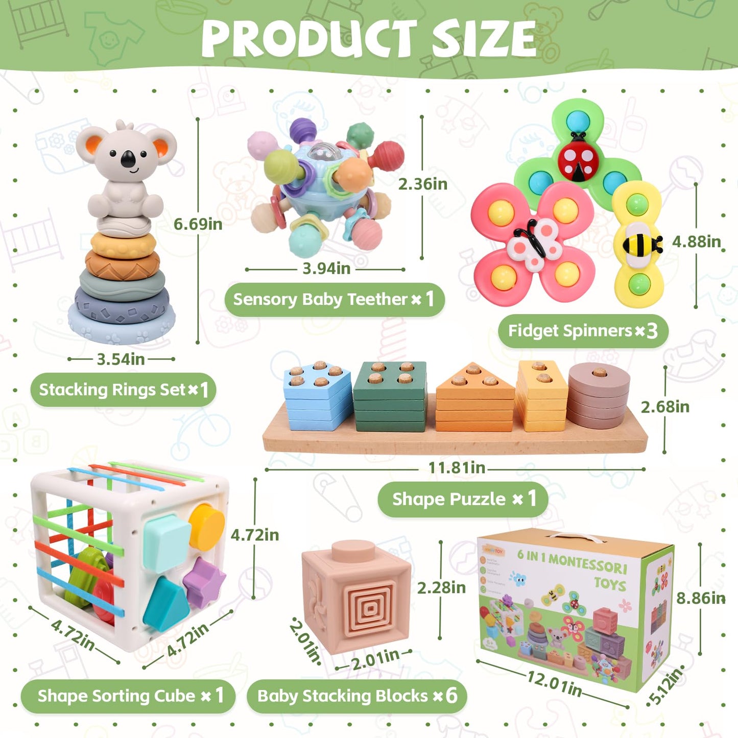 YHHYTOY 6-in-1 Montessori Baby Toys 0-6 6-12 Months, Infant Teething Toys Soft Stacking Blocks Rings Shape Sorter Sensory Fidget Spinners for Toddler 1-3, First Baby Gift Set for 6 Month Old Girl Boy