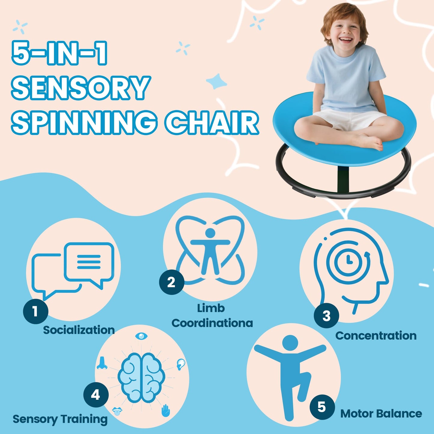 Pterying 21" L × 19" W Large Size Spinning Chair for Autistic Kids, Autism Sensory Products, Sensory Toys Gifts for Kids with Autism & ADHD, Outdoor Toys for Kids Ages 4-8, Azure Rounded Shape