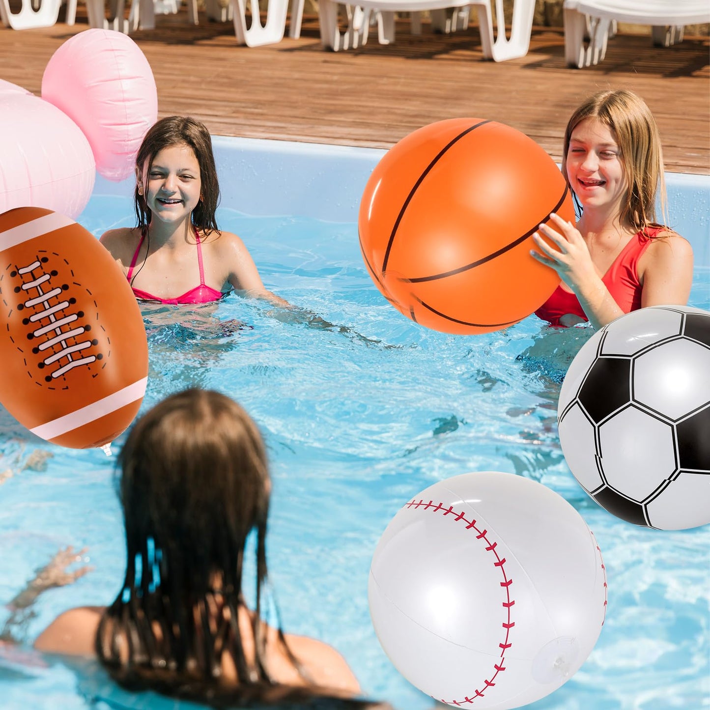 YOTHORN 8 Pcs Giant Inflatable Sports Balls,16 Inch Blow Up Footballs Soccer Basketball Baseball,Summer Pool Beach Balls for Sport Game Party Supplies,Indoor and Outdoor Use