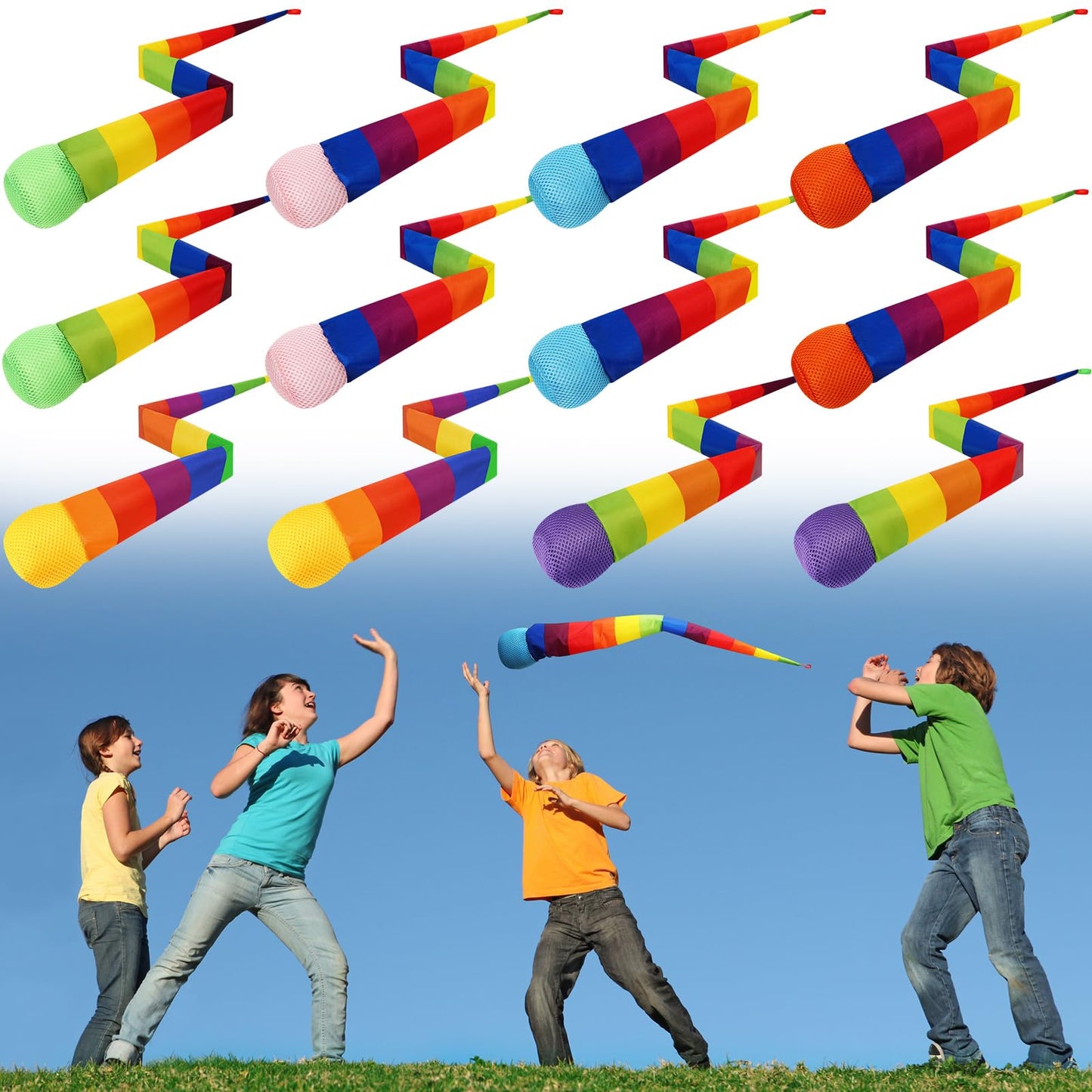 Leyndo 12 Pcs 28 Inch Throw and Catch Balls with Rainbow Tail, Soft Sports Play Comet Balls Playground Toys Bulk for Kids Adults Games and Activities Fun Throwing School (Classic)