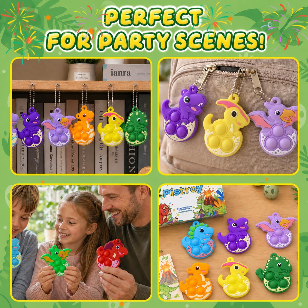 Pistroy 30PCS Mini Dinosaur Pop Keychains for Kids, Dinosaur Party Favors, Mini Pop Its Bulk, Pop It Fidget Toys, Goodie Bag Stuffers, Classroom Prizes, Treasure Box Toys, Pinata Fillers