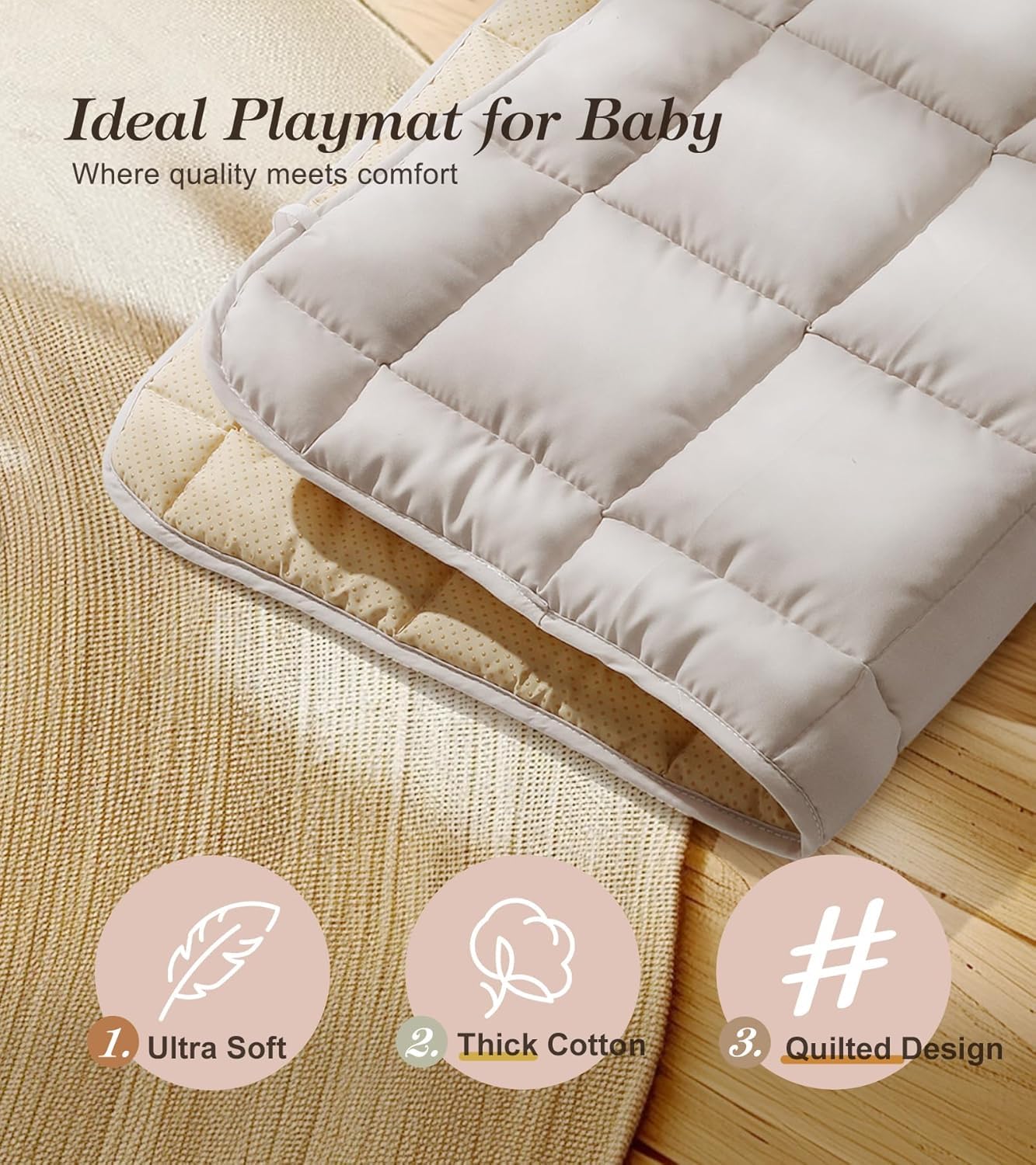 Wooden Play Gym with Beige Mat, Foldable Baby Play Gym, Infant Activity Mat with 6 Hanging Toys, Natural Pine Wood Frame Activity Center, Easy to Assemble & Clean, Newborn Present for Boys & Girls