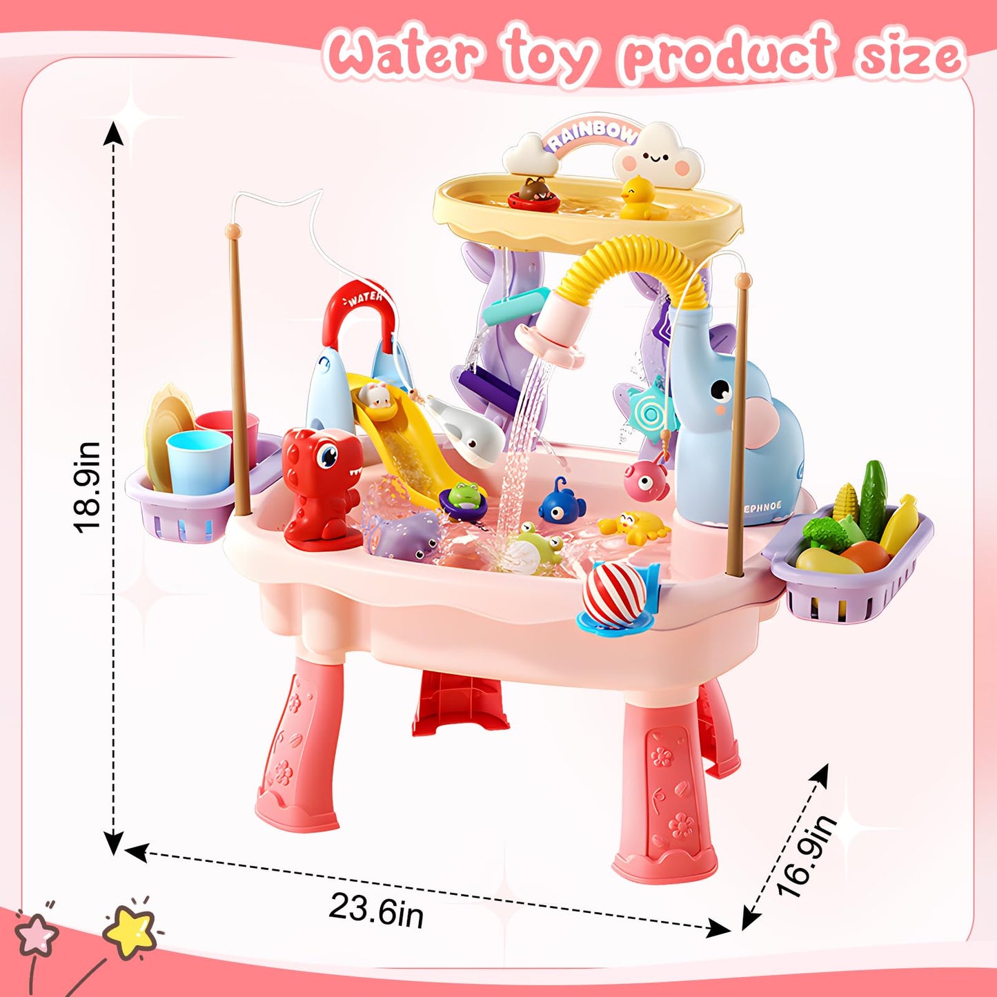 TUVBPK 2027 Upgraded Toddler Sand Water Table Toy with Electric Water Pump, Kids Sand Water with Faucet/Play Food Accessories/Fishing Toy, Kitchen Play Sink Toys for Girl Boy Age 3+ (Pink)