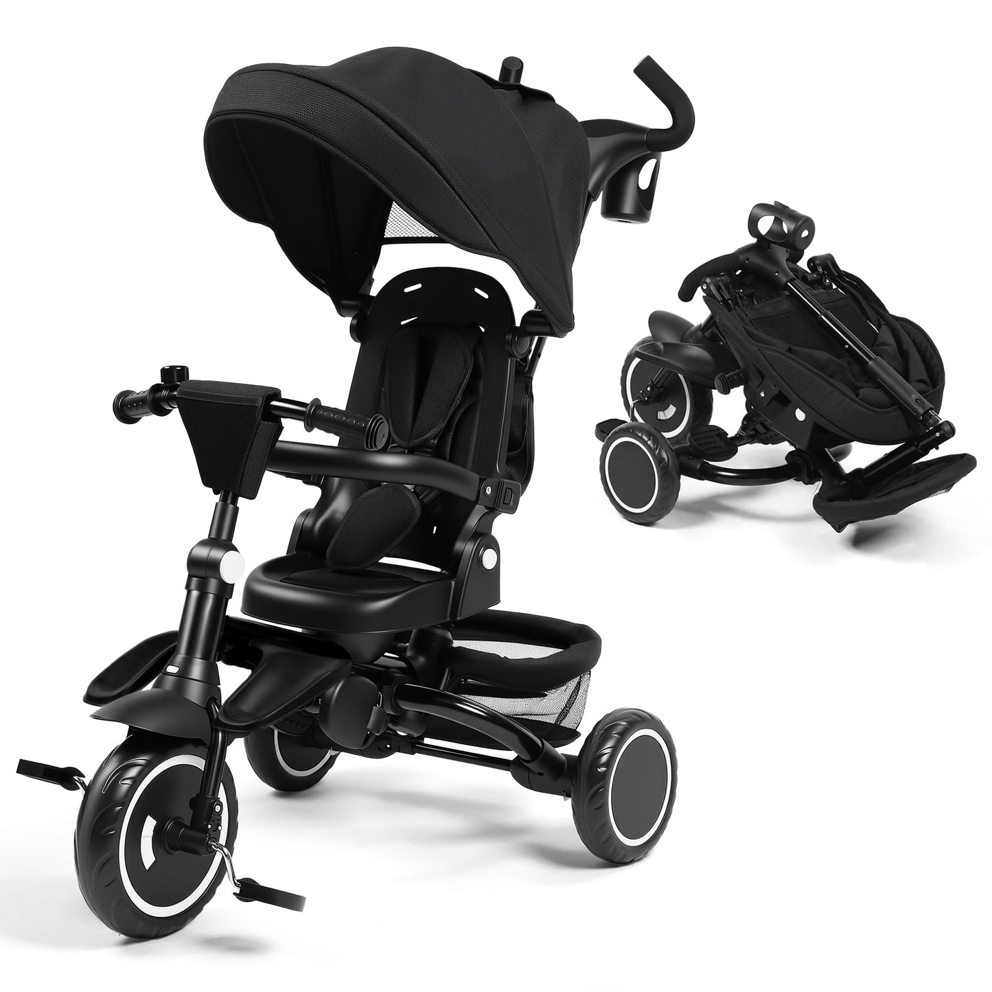 Kinder King Kids Trike Tricycle for Toddlers 1-3, 8 in 1 Folding Toddler Tricycle Bike w/1-Step Brake, Adjustable Push Handle, Rotatable Seat, Adjustable Canopy, Bell, 5-Point Harness, Storage, Black