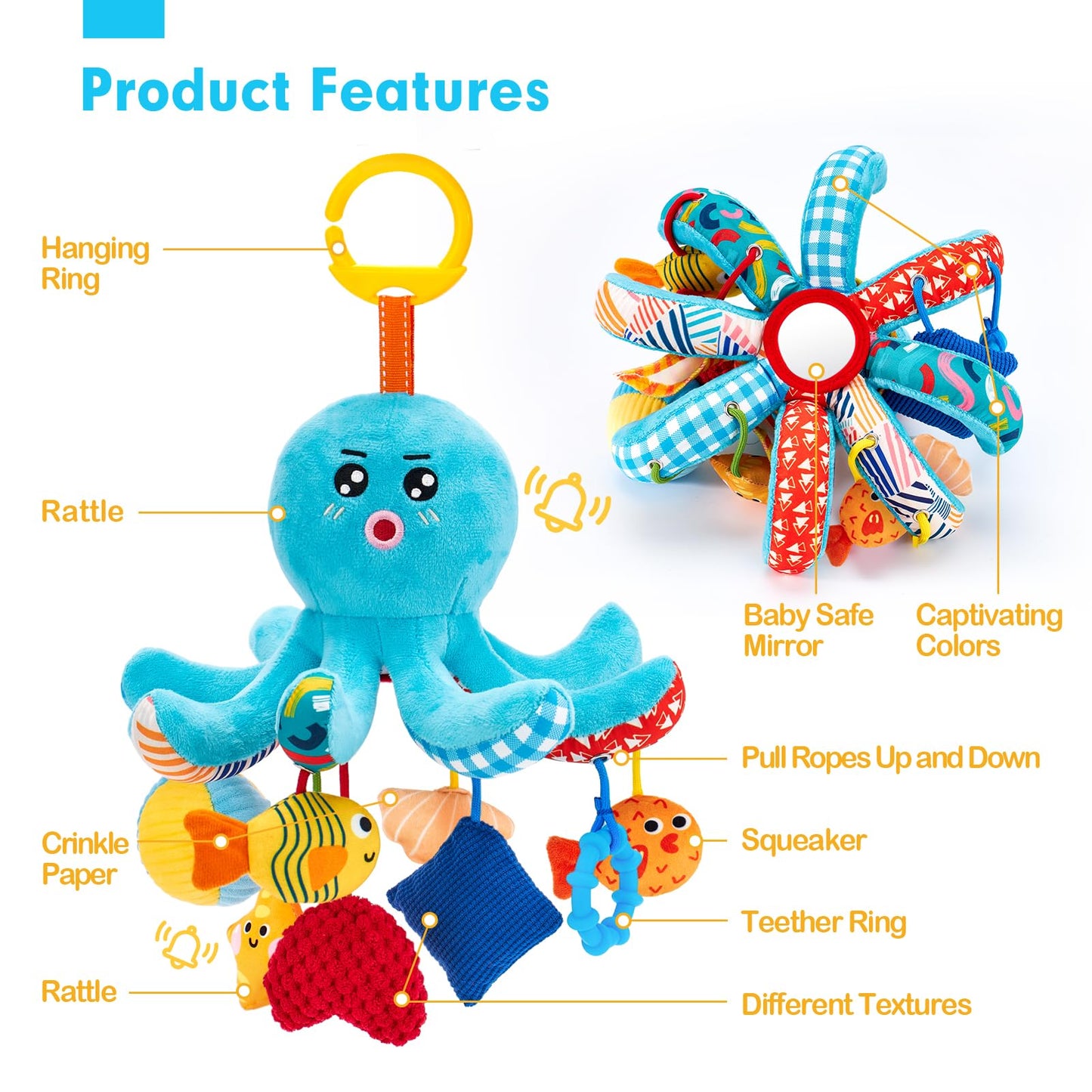 hahaland Baby Toys 0-6 Months - Car Seat Toys Octopus Toy with Pulling Cords, Squeaky, Crinkle, Rattle, Mirror, Montessori Newborn Sensory 4 Month Babies Gift Stroller Carseat Hanging Toy for Baby Gym