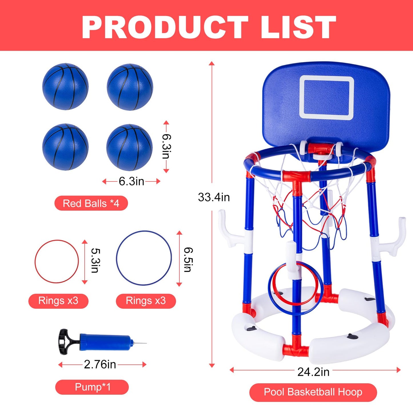 EXCECAR 2-in-1 Floating Pool Basketball Hoop Set,Blue Swimming Pool Basketball Hoop with Backboard,4 Balls,6 Rings & Pump,Water Basketball Hoop for Pool Party Fun & Outdoor Indoor Pool Toys
