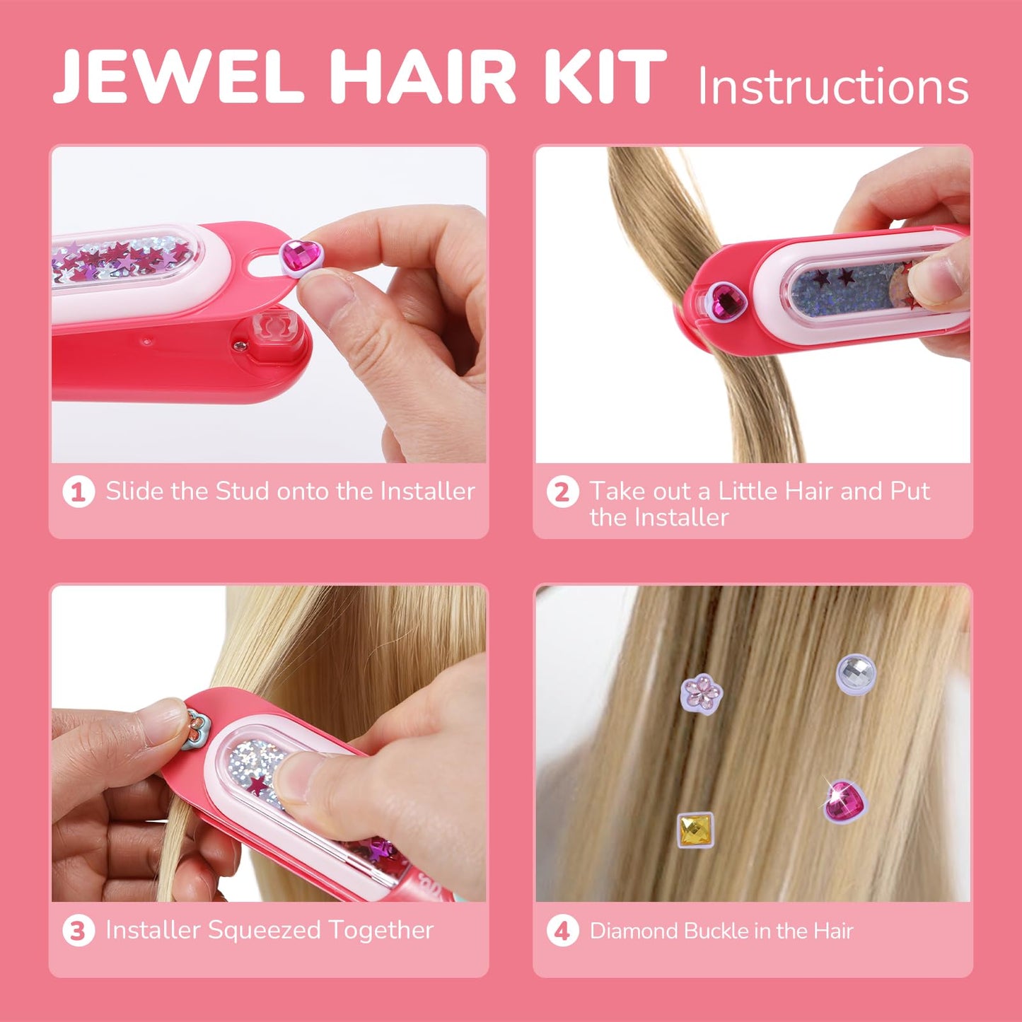 stochastic box Hair Jewels Stamper Kit,Hair Styling Tool with 24 Reusable Shining Diamonds,Hair Gem Stamper Creative DIY Hair Art Crafts for Girls