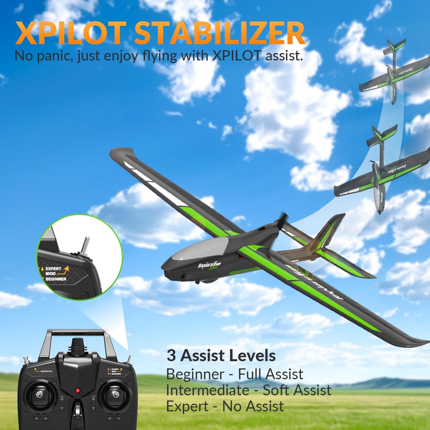 RC Plane with Aileron RTF 4 Channel Remote Control Airplane Ready to Fly Ranger600 Stunt 4CH Glider RC Airplane for Beginners Adults with 6-Gyro Xpilot Stabilization System & One Key Aerobatic