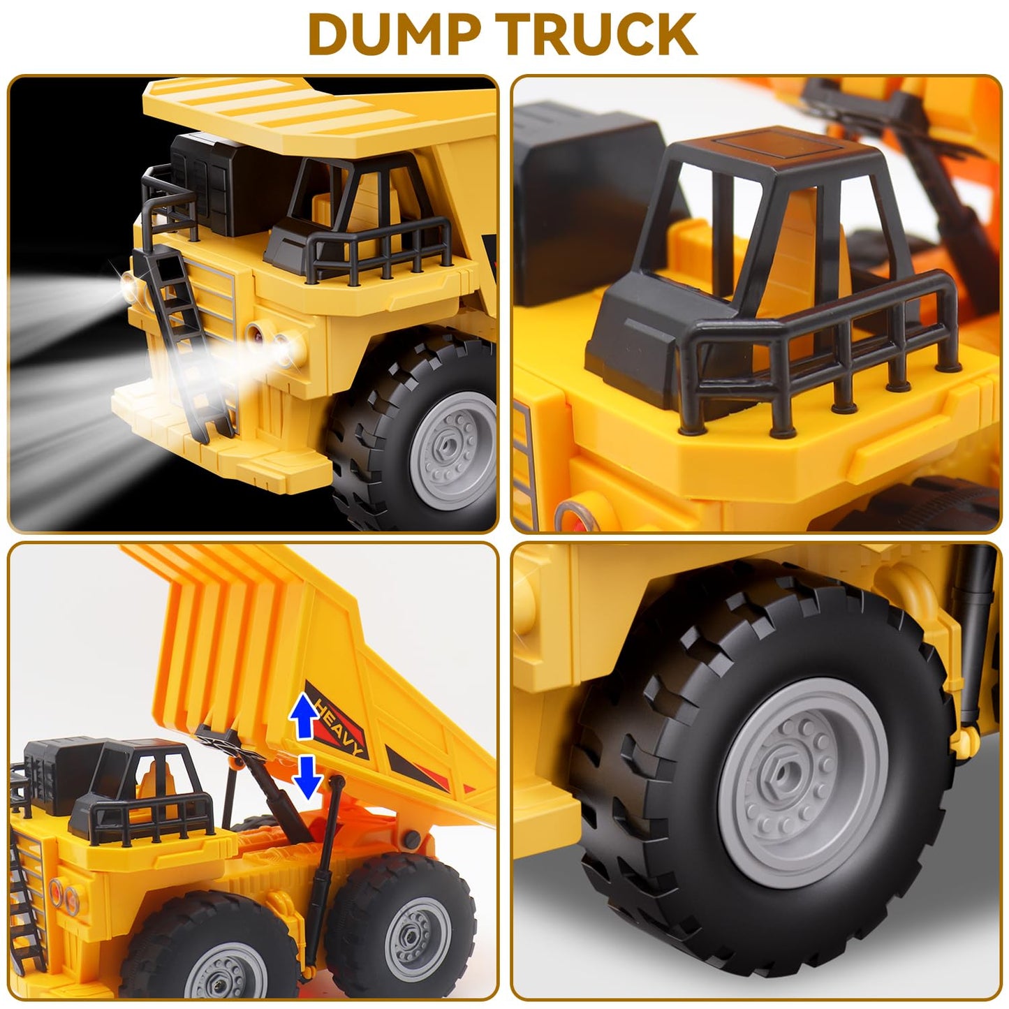 QuirkyGlee RC Excavator and Dump Truck Toy Set for Kids - 11 Channel Remote Control Construction Vehicle with Lights and Sounds, Music, 2.4Ghz Rechargable Digger Car, Gifts for Boys Kids Ages 6-8