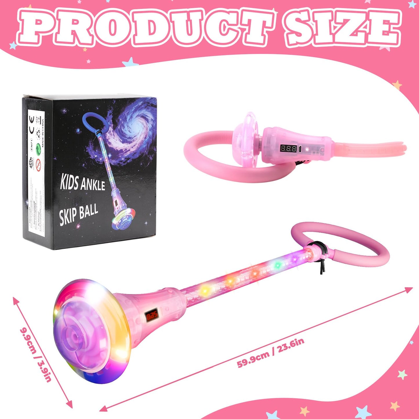 Rechargeable Ankle Skip Ball for Girls, LED Light Up Skip Ball with Counter Timer, Foldable Jumping Toy with Flashing Wheel, Outdoor Birthday Gifts for Kids Age 6-10 (Pink, Illumination + Counter)