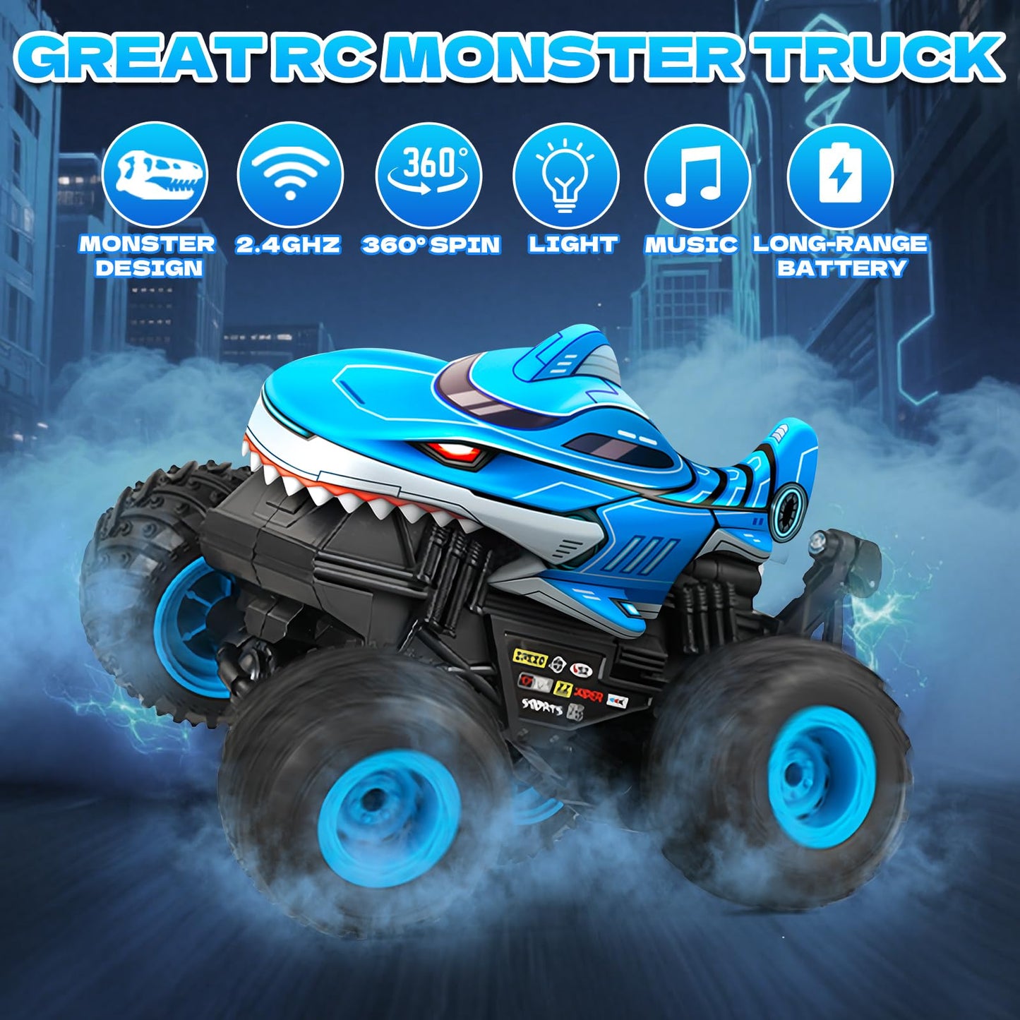 YongnKids Remote Control Car, Shark Monster Trucks for Boys Age 4-7, 2.4Ghz Rchargeable Rc Car with Music & Light,360° Rotating Stunts RC Truck Toy for Kids 3-5 6 7 8-12 Birthday Easter Gift