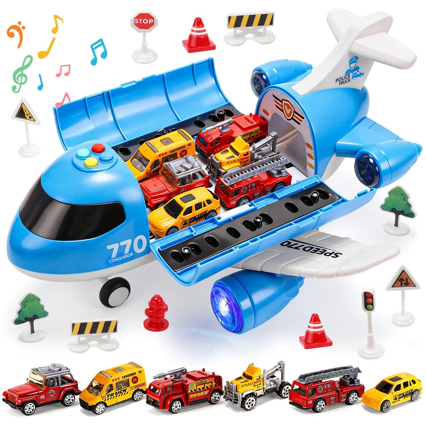 CUTE STONE Toy Airplane with Lights & Sounds, Friction Powered Plane Toy with Mini Cars for Kids, Great Gift for Boys and Girls